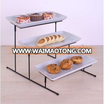 Food Serving Tray Set: 3 Tier Metal Display Stand with 3 White Rectangular Stoneware Platters | Perfect for Party Foods, Dessert