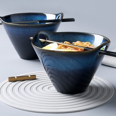 Dalk Blue Ceramic Noodle Bowl Dinnerware Set Stoneware Round Bowl With Double Handles