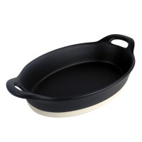 Ceramic tableware oval shape black ceramic baking plate manufacturer ceramic bake ware baking tray with two ears