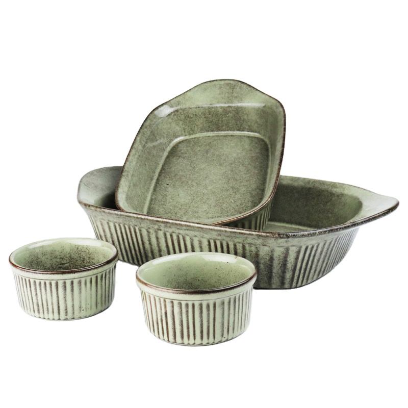 New launch ceramic bakeware set 4 pieces rectangular bakers stoneware ramekins in grey reactive oven dishes tableware