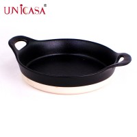 24OZ Stoneware Round Dish Oven Basics Ceramic Pie Pan Bakeware Baking Tray with Handle In 2 Color Combination Microwave Safe